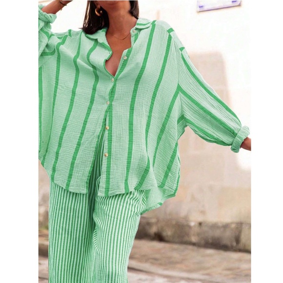 Green Striped Oversized Button Down Shirt Long Sleeve - Picture 5 of 8